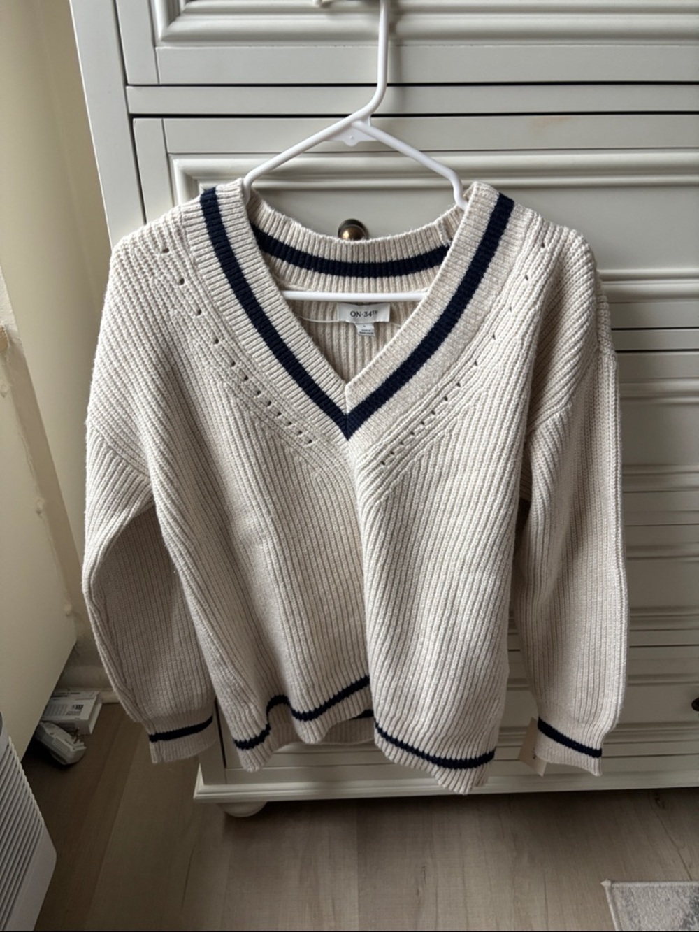Macy’s on 34th brand Oatmeal V-Neck Ribbed Sweater with Navy Trim